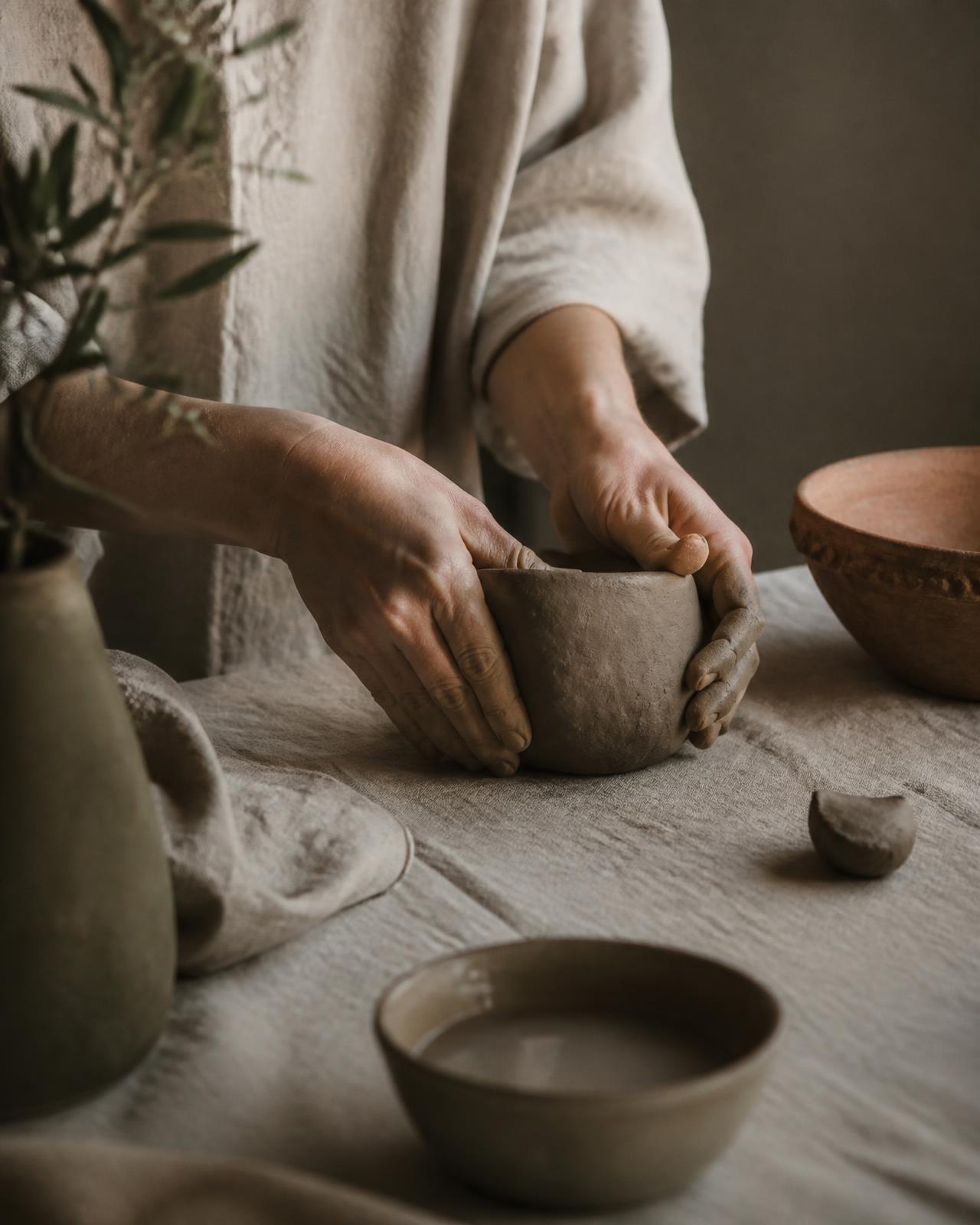 Hands shaping a small vessel from raw clay on a linen-covered table